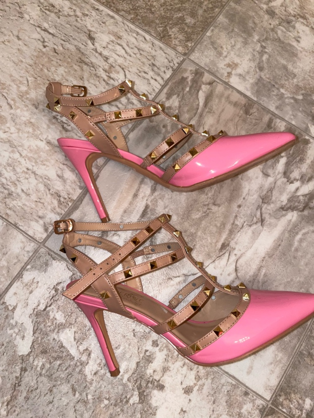 Catherine Malandrino Pink Patent Pointed-Toe Studded Strappy Heels